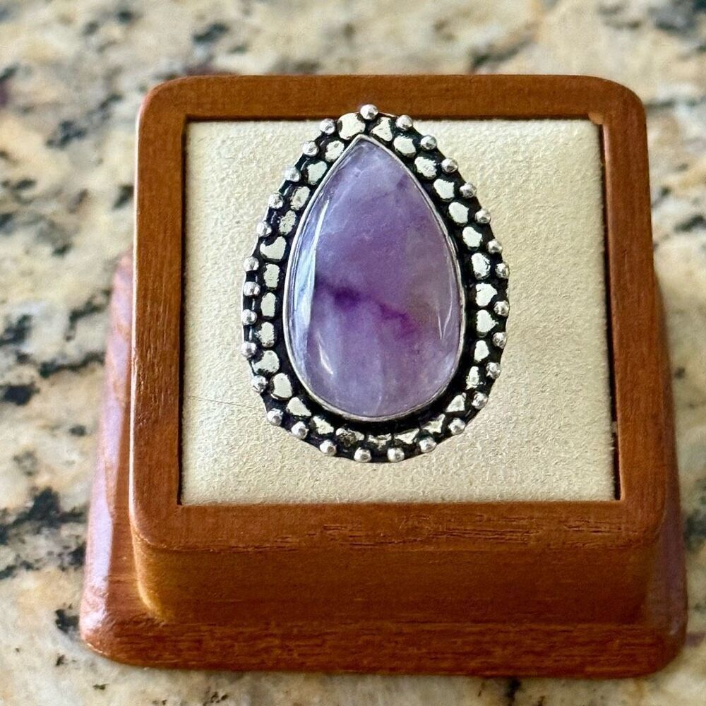 Natural Amethyst Teardrop Cabochon Solitaire Sterling Silver Statement Ring Sz 6